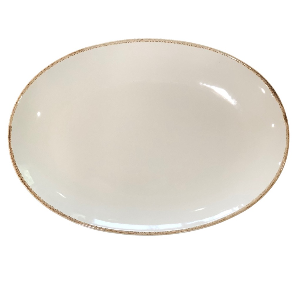 Williams Sonoma Platter 13” Off White Cream Tan Brown Band Edge Spring Easter